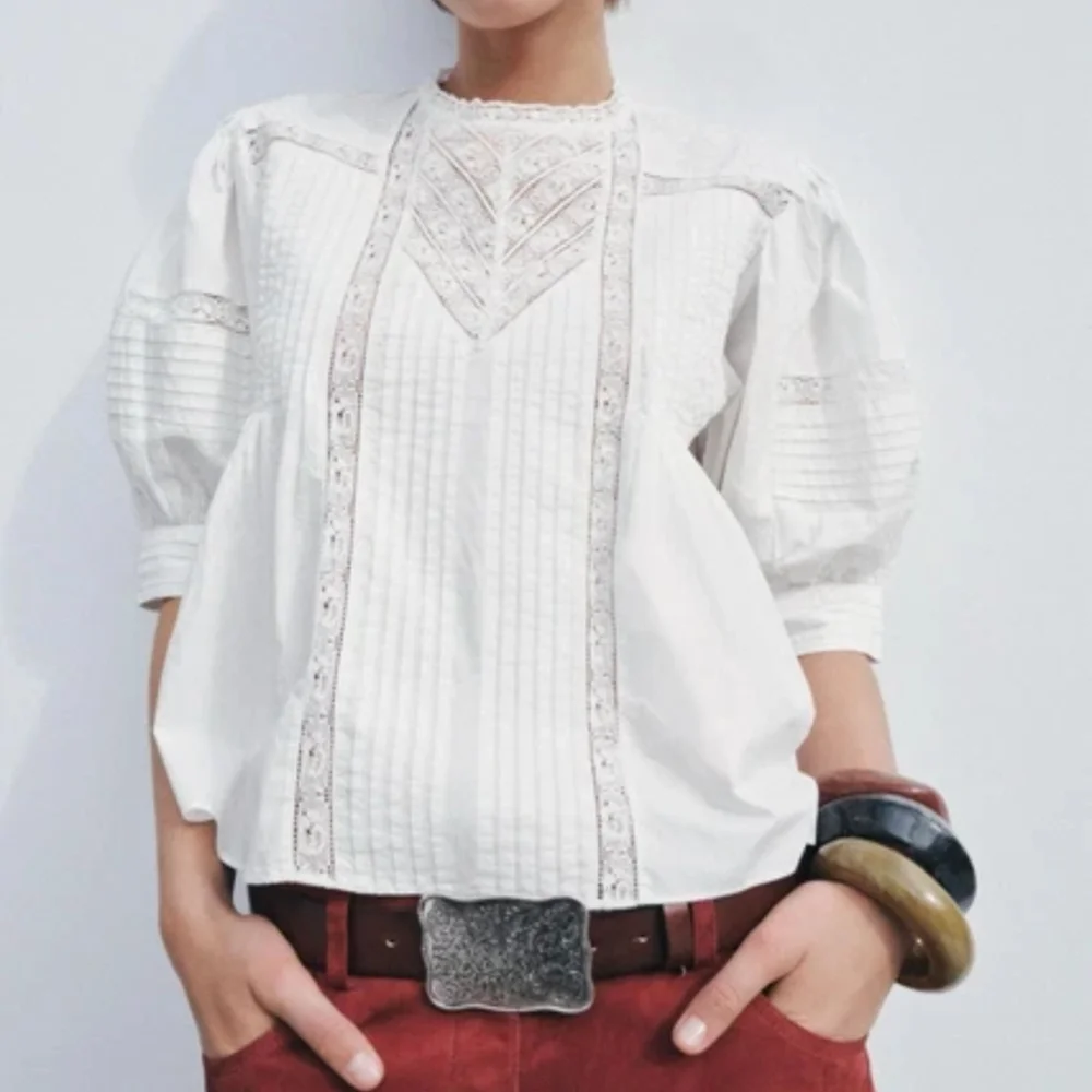 Zara Women White Romantic Embroidered Blouse Puffed Sleeves L NWT 7521/042